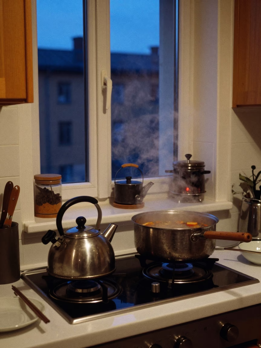 Midnight Kitchen Interior in Stockholm Sweden with Steaming Hotpot and Traditional Cookware in in Stockholm, Sweden