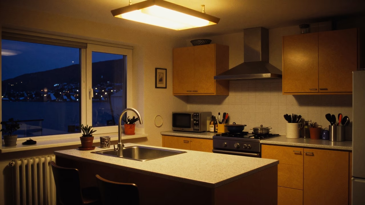 Midnight Kitchen Scene in Bergen Norway with Vintage 90s Aesthetic and Local Items in in Bergen, Norway