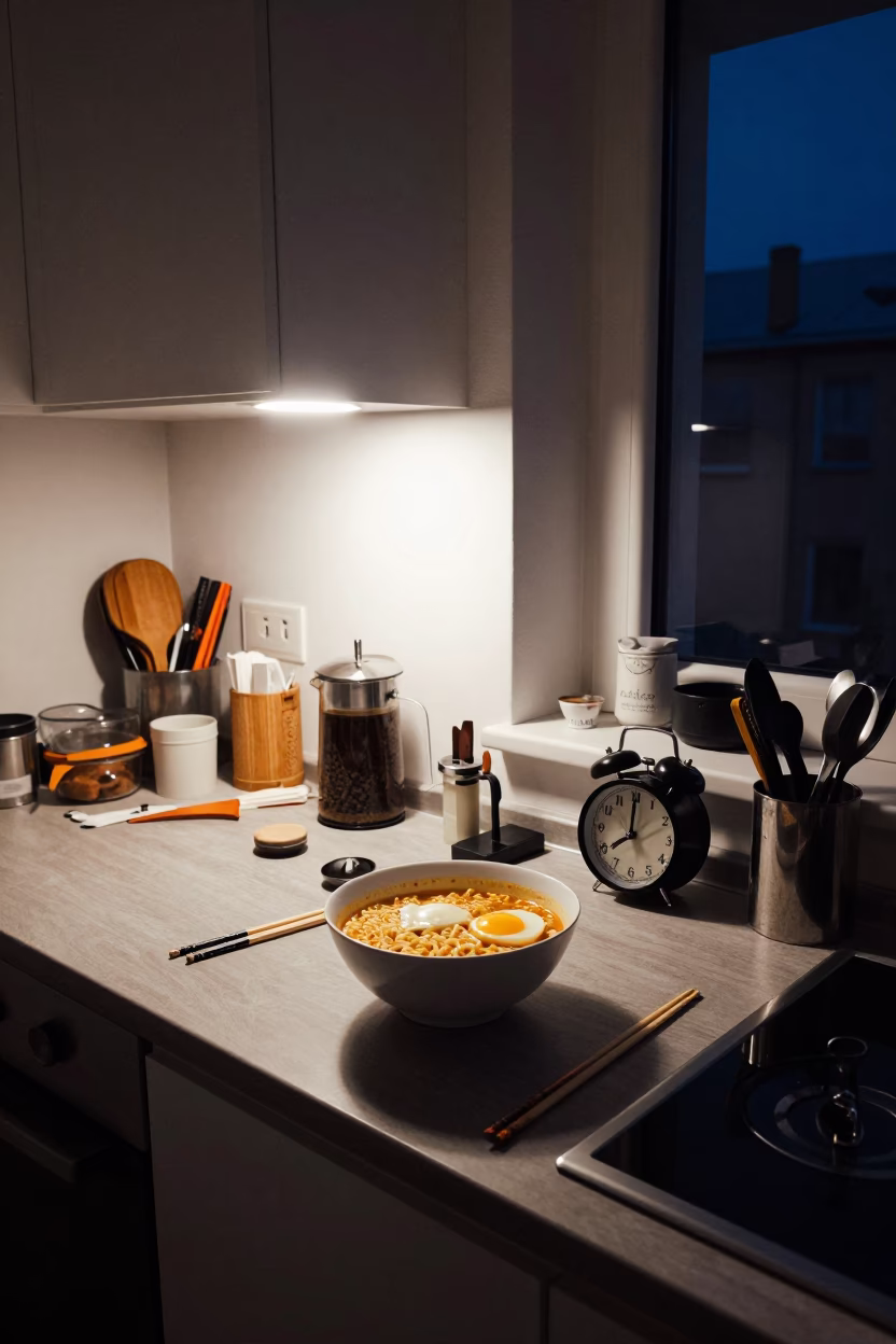 Midnight Kitchen Scene in Berlin Apartment with Alarm Clock and Ramen Bowl in in Berlin, Germany