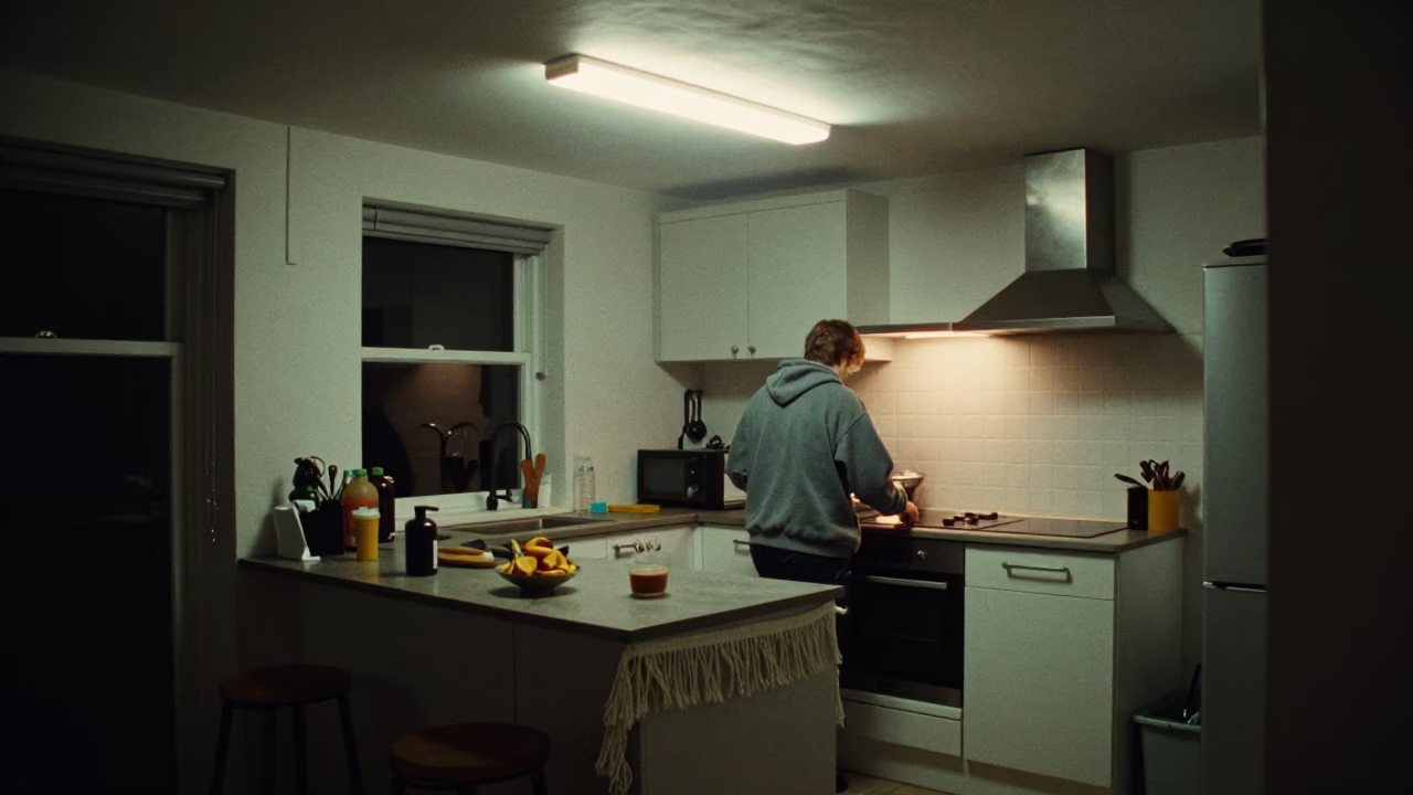 Midnight Kitchen Scene in Bristol Home with Linen Fringe and Thermos in in Bristol, United Kingdom