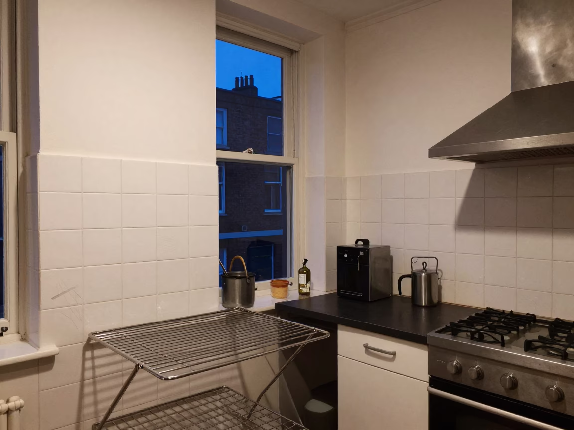 Midnight Kitchen Scene in Bristol UK with Drying Rack and Scratched Tiles in in Bristol, United Kingdom