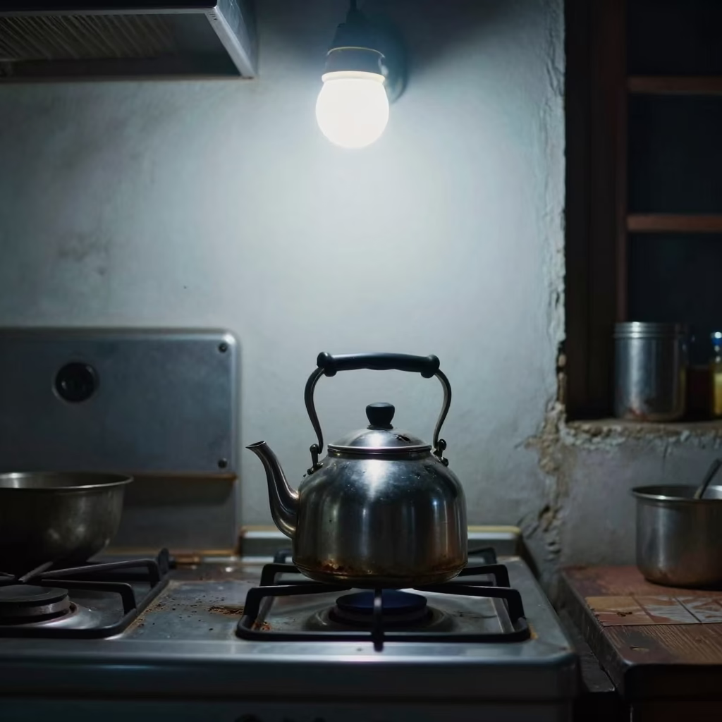 Midnight Kitchen Scene in Chennai Home with Teapot and Nicked Wood Shelf in in Chennai, India