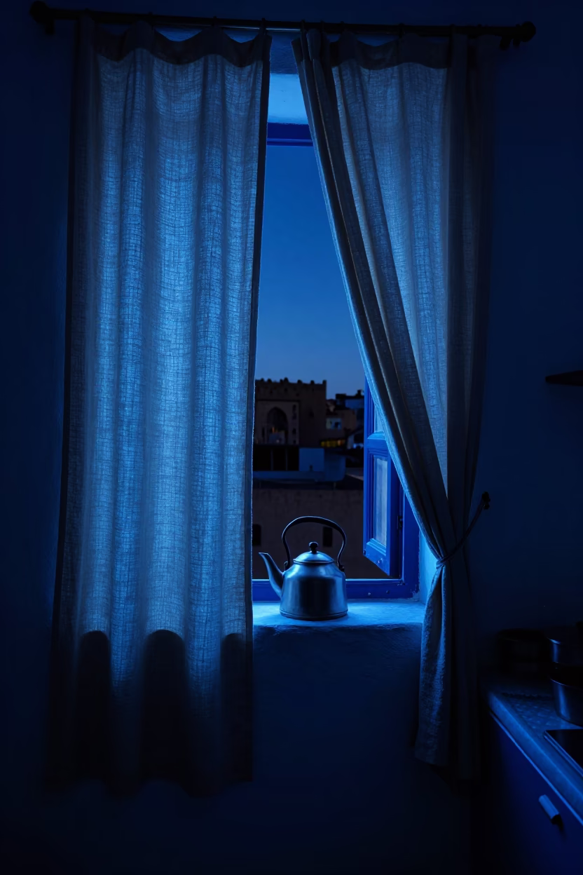 Midnight Kitchen Scene in Fez Morocco with Linen Curtains and Kettle in in Fez, Morocco