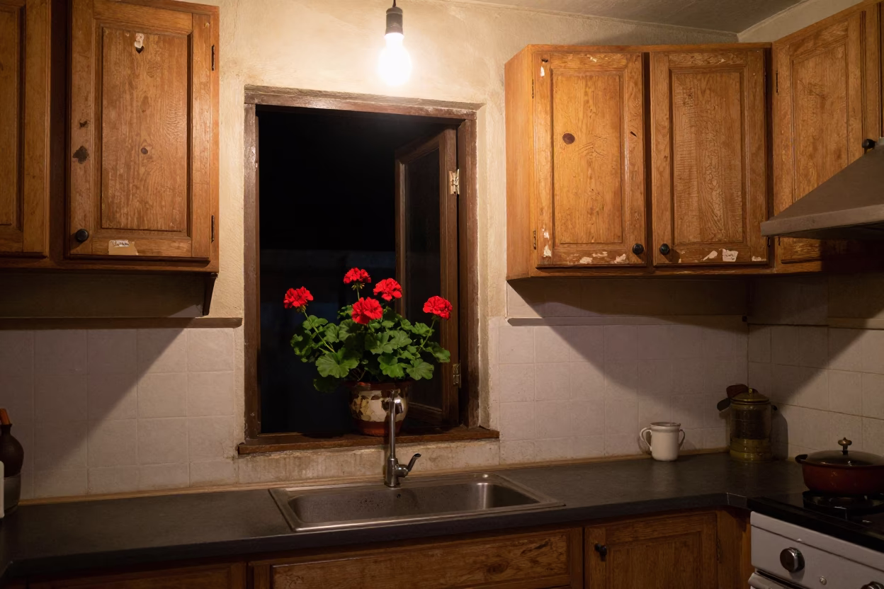 Midnight Kitchen Scene in Johannesburg with Scuffed Wood and Geraniums in in Johannesburg, South Africa