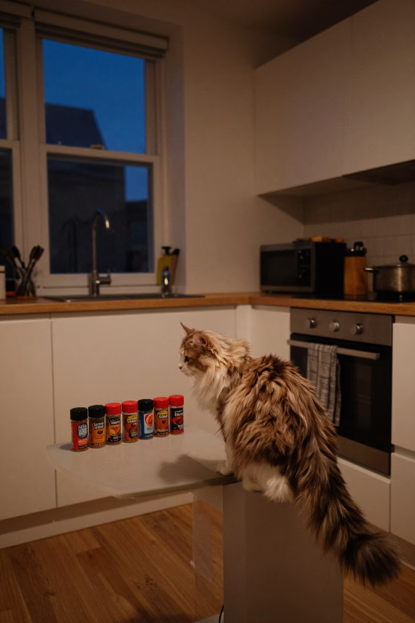 Midnight Kitchen Scene in London Apartment with Cat and Spice Tins in in London, United Kingdom