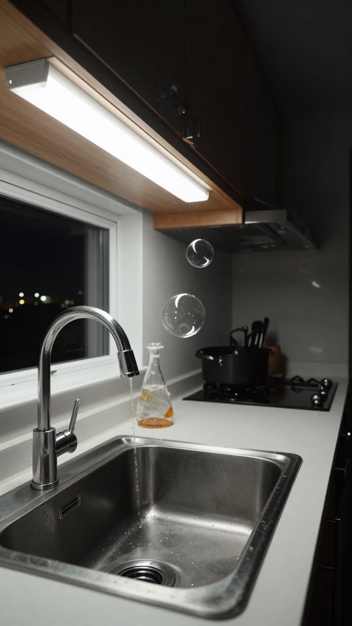 Midnight Kitchen Scene in Los Angeles with Sink and Soap Bubbles in in Los Angeles, California, United States