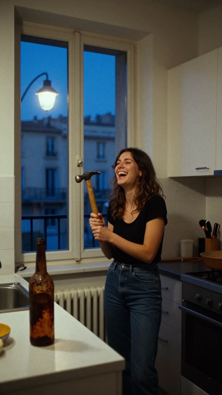 Midnight Kitchen Scene in Marseille Apartment with Rusty Bottle and Scratched Basin in in Marseille, France