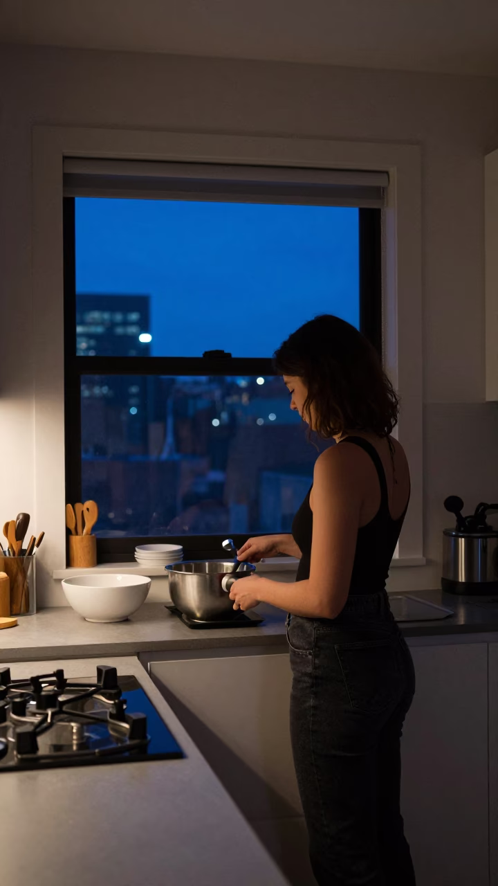 Midnight Kitchen Scene in Melbourne Home with Mixing Bowls and Dish Rack in in Melbourne, Victoria, Australia