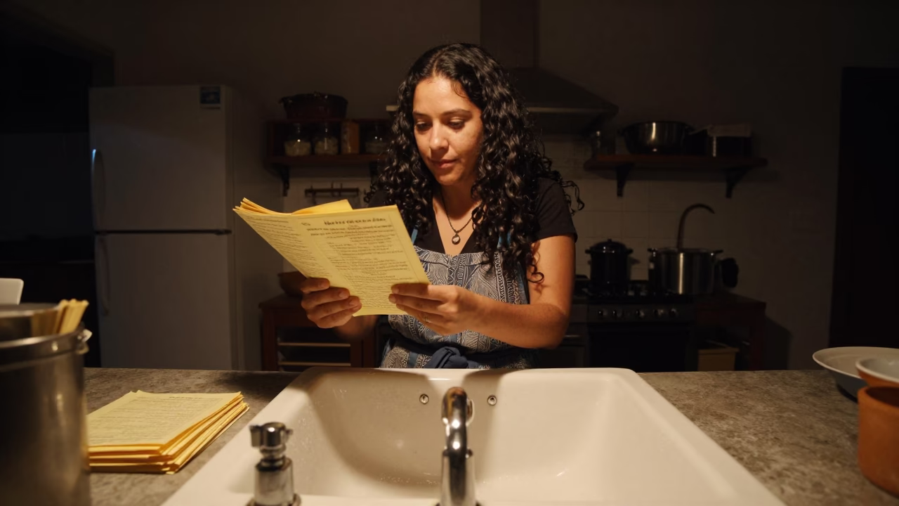 Midnight Kitchen Scene in Merida Mexico with Sink and Recipe Cards in in Merida, Mexico