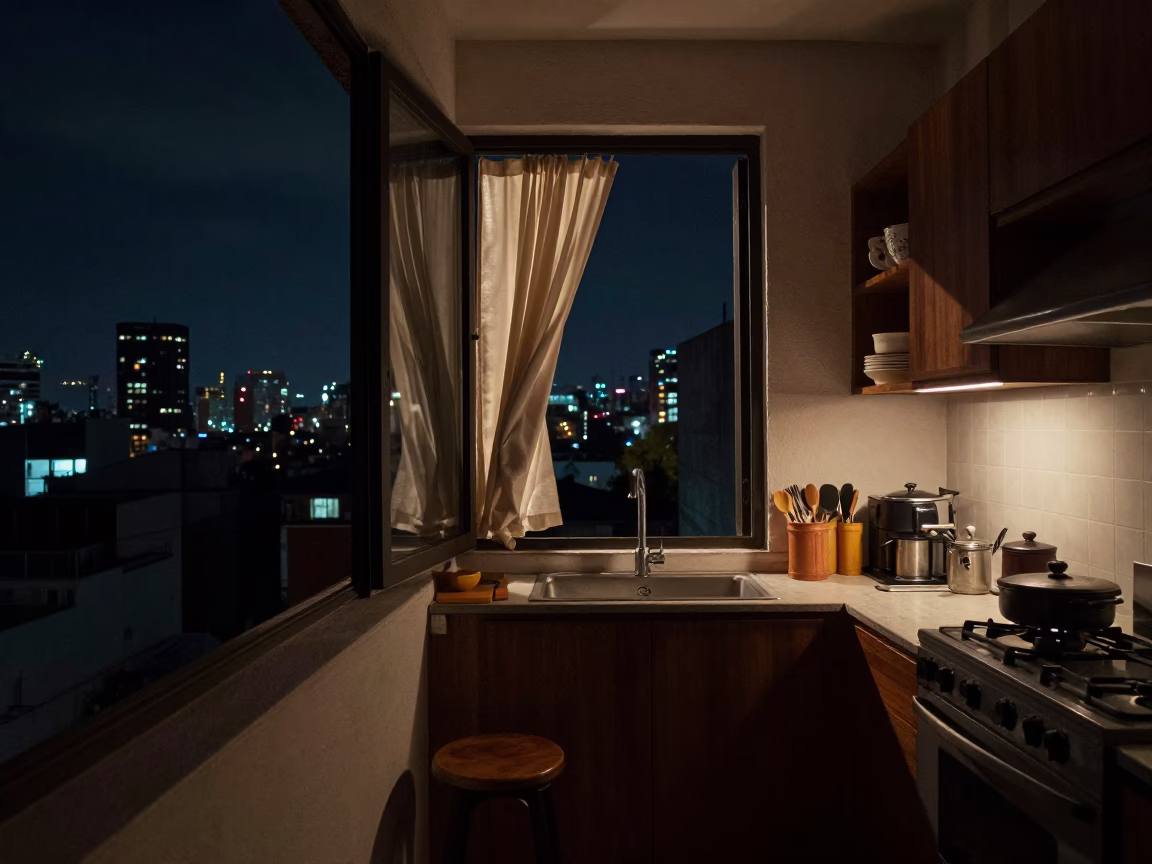 Midnight Kitchen Scene in Mexico City Apartment with Open Window in in Mexico City, Mexico