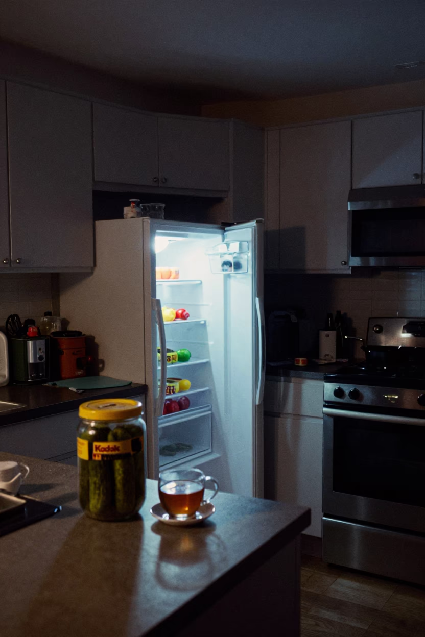 Midnight Kitchen Scene in Vancouver with Pickle Jar and Tea Tray in in Vancouver, British Columbia, Canada