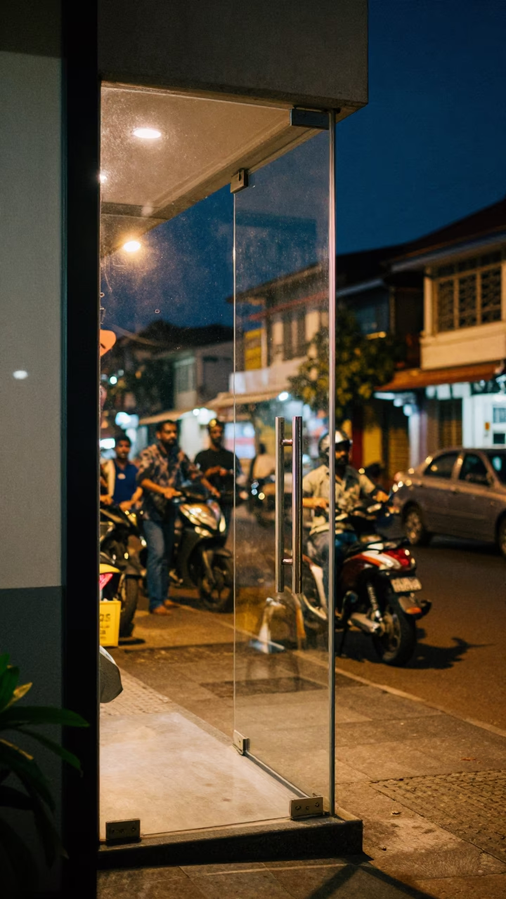 Midnight Kochi Street Scene with Clear Glass Doorframe and Canal Barge in in Kochi, India