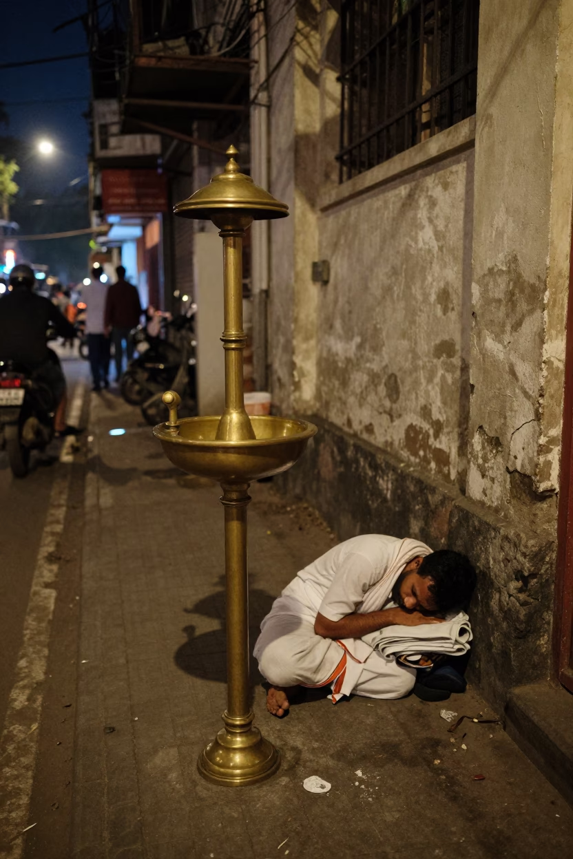 Midnight Kolkata Street Scene with Brass Urinal and Sleeping Man in 1960s India in in Kolkata, India