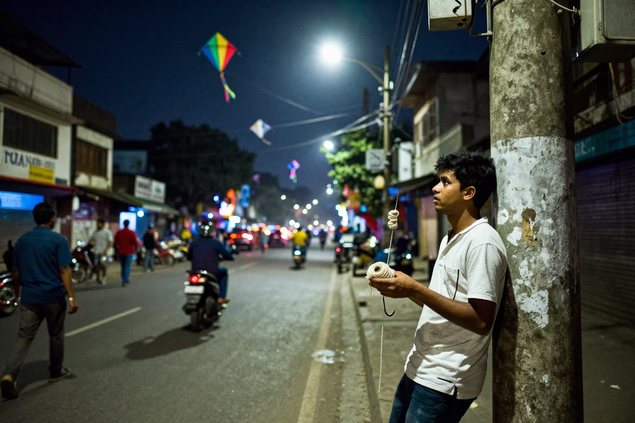 Midnight Kolkata Street Scene with Colorful Kites and Neon Lights in in Kolkata, India