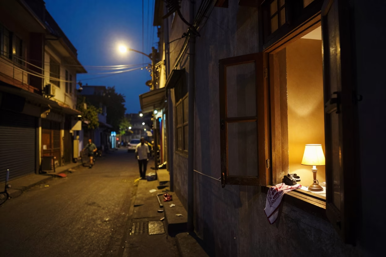 Midnight Kolkata Street Scene with Handkerchief and Bedside Lamp Glow in in Kolkata, India