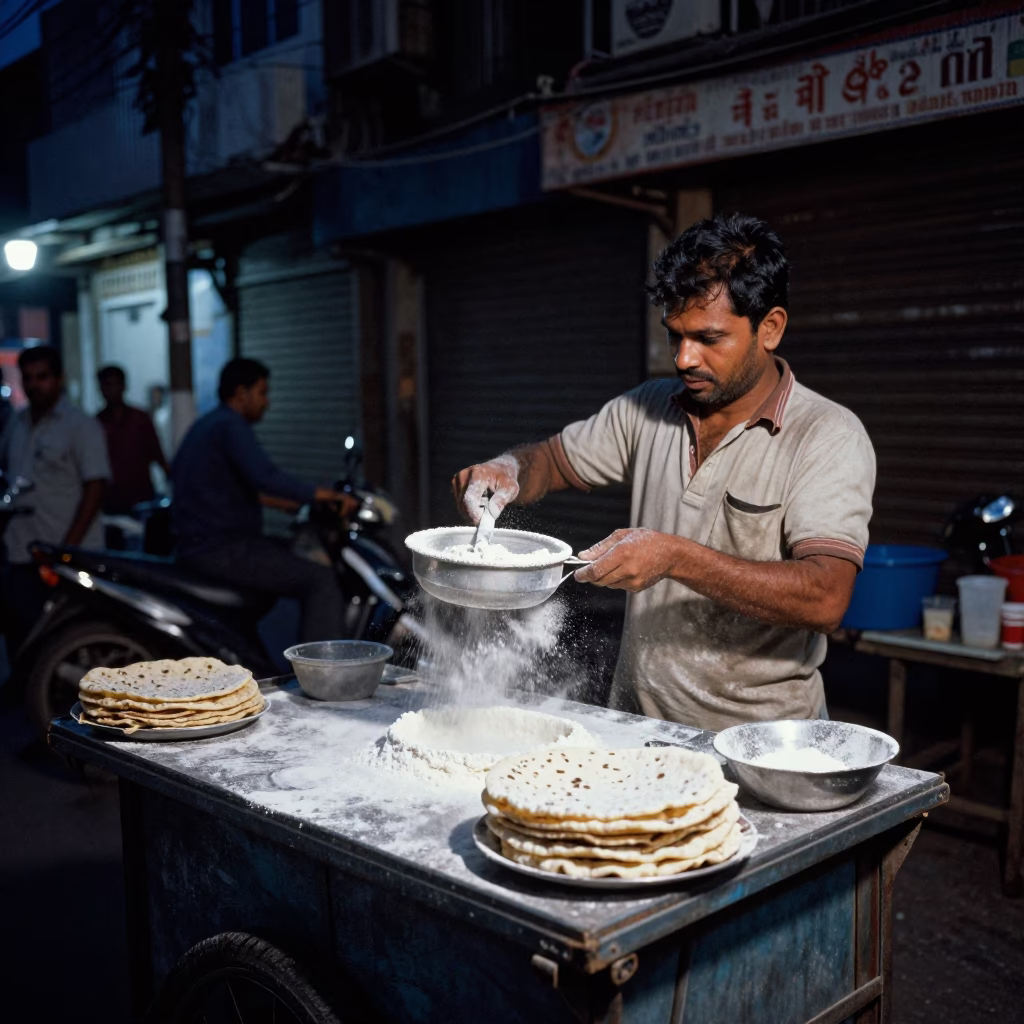Midnight Kolkata Street Scene with Plate and Flour Sifter in Indian City in in Kolkata, India