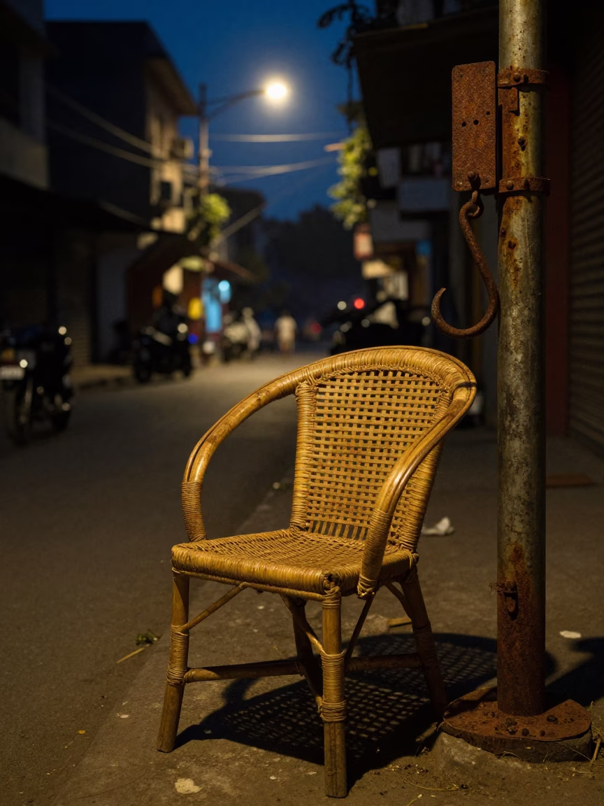 Midnight Kolkata Street Scene with Rattan Chair and Rusty Hook Plate in India in in Kolkata, India