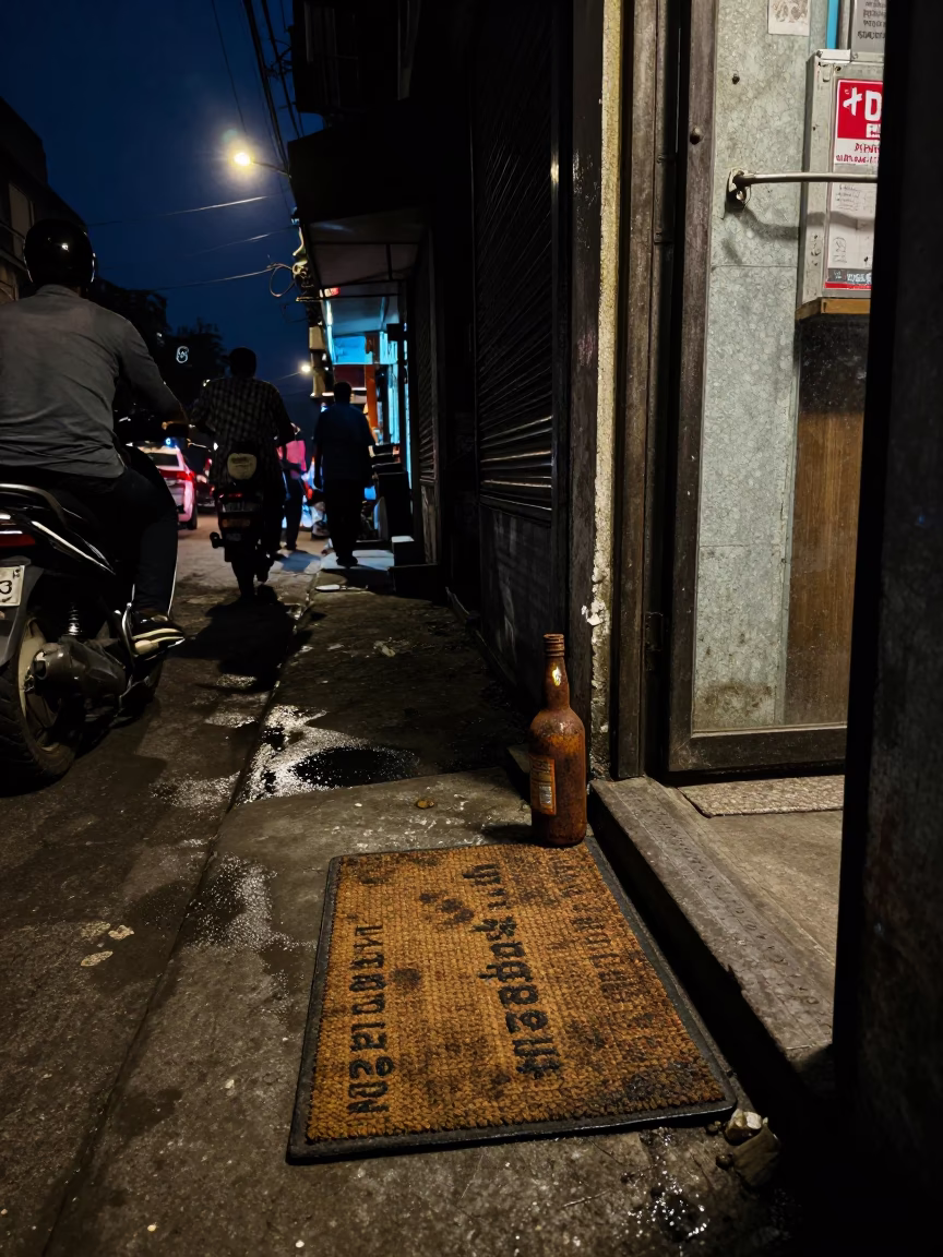 Midnight Kolkata Street Scene with Rusty Bottle and Doormat in Urban India in in Kolkata, India