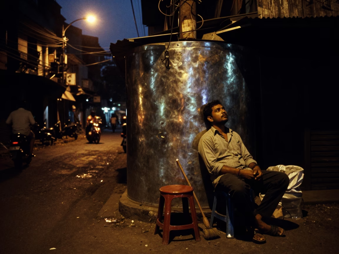 Midnight Kolkata Street Scene with Stool and Brushed Steel Bowl in in Kolkata, India