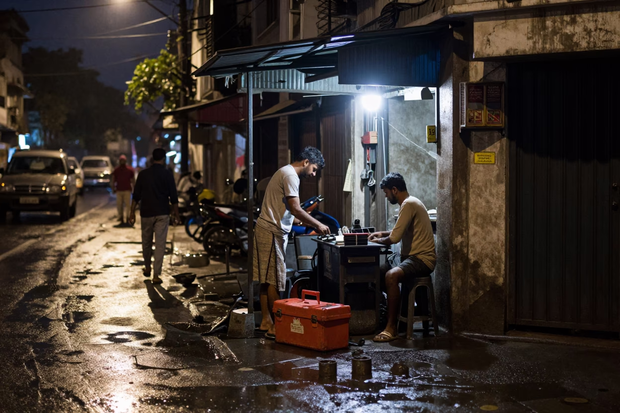 Midnight Kolkata Street Scene with Toolbox and Soap Residue Drain Detail in in Kolkata, India