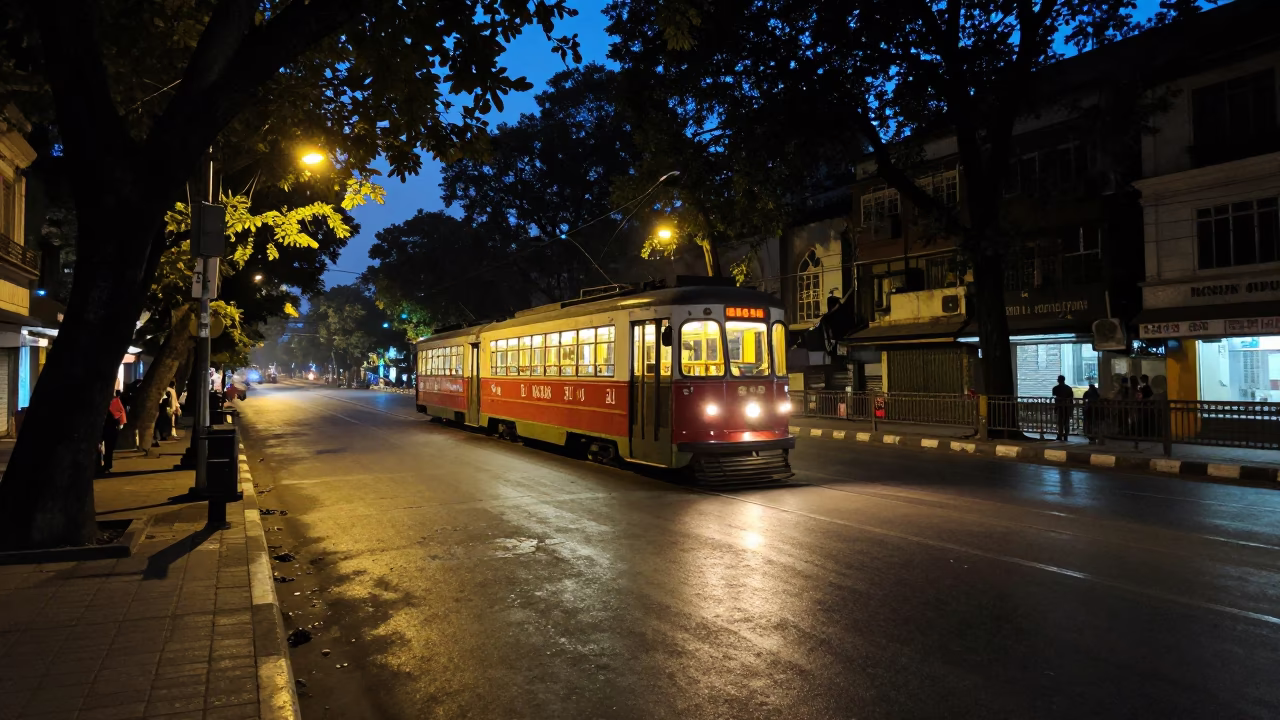 Midnight Kolkata Street Scene with Tramcar and Tree-Lined Boulevard in in Kolkata, India