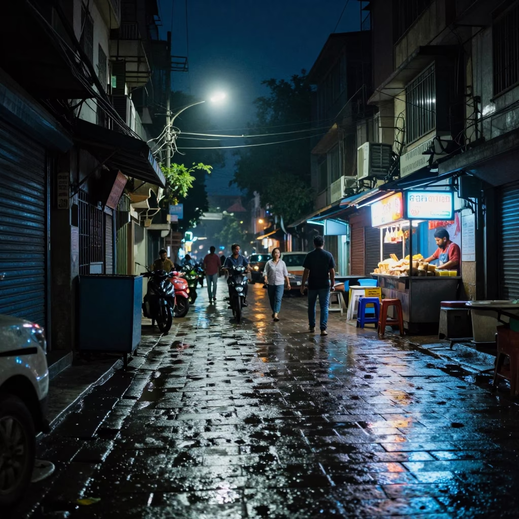 Midnight Kolkata Street Scene with Wet Puddles and Illuminated Shopfronts in in Kolkata, India