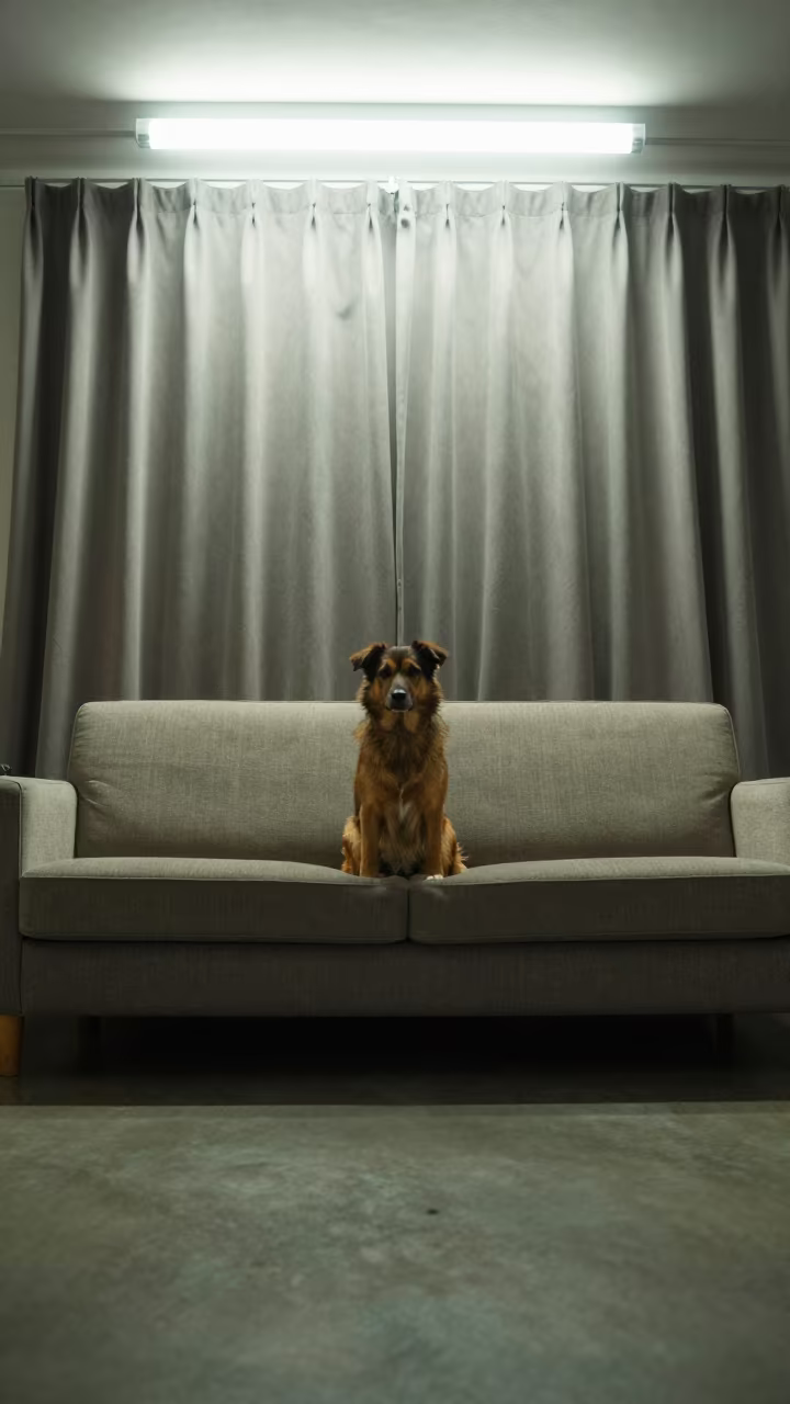 Midnight Kooikerhondje Portrait in Fluorescent Light in on a sofa near a curtained window with calm indoor light near Tashkent