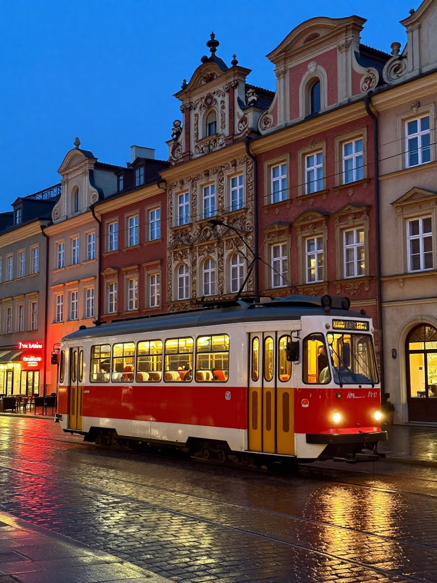 Midnight Krakow Tram Passes Art Nouveau Facades in Colorful Urban Scene in in Krakow, Poland