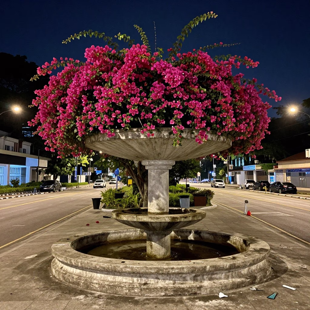 Midnight Kuala Lumpur Street Scene with Bougainvillea and Drained Campus Fountain Maintenance in in Kuala Lumpur, Malaysia