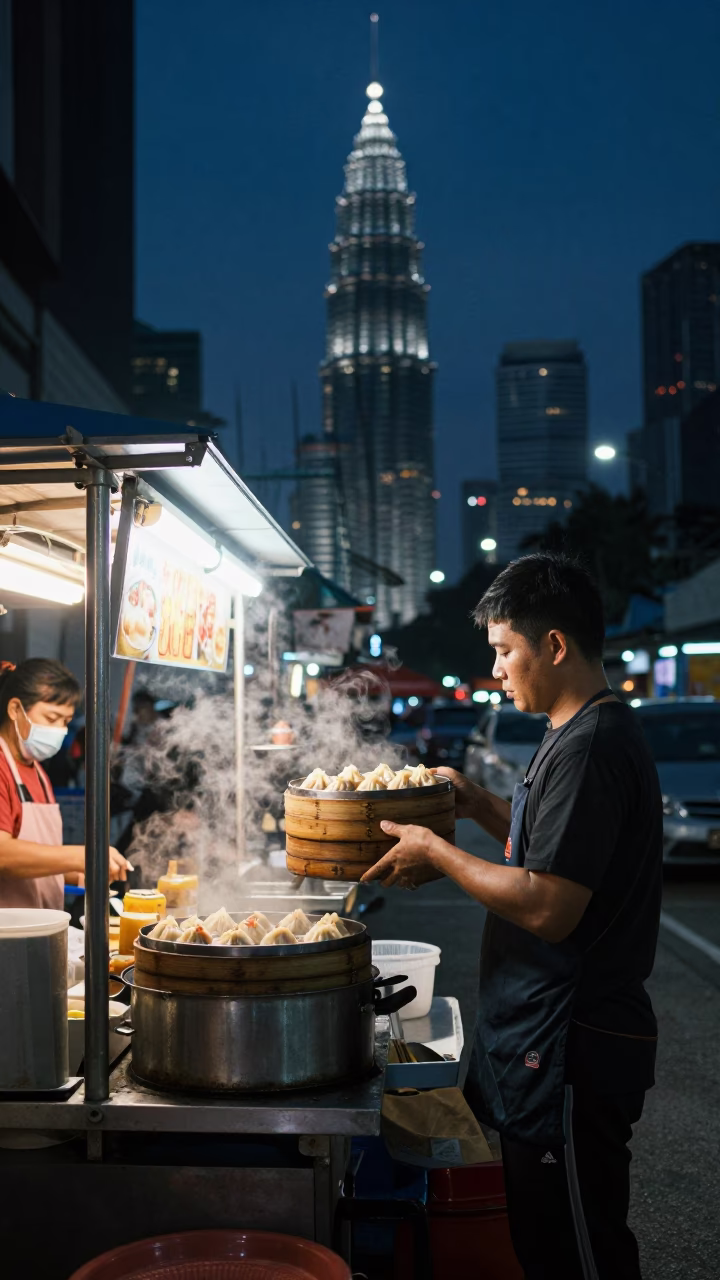 Midnight Kuala Lumpur Street Scene with Dim Sum and Construction Site in in Kuala Lumpur, Malaysia
