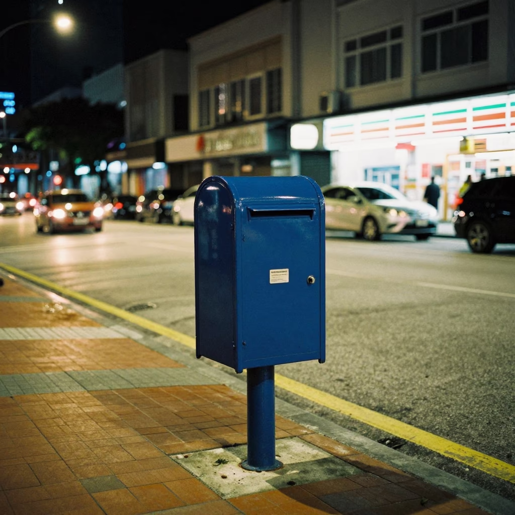 Midnight Kuala Lumpur Street Scene with Mailbox and Convenience Store Fruit Display in in Kuala Lumpur, Malaysia