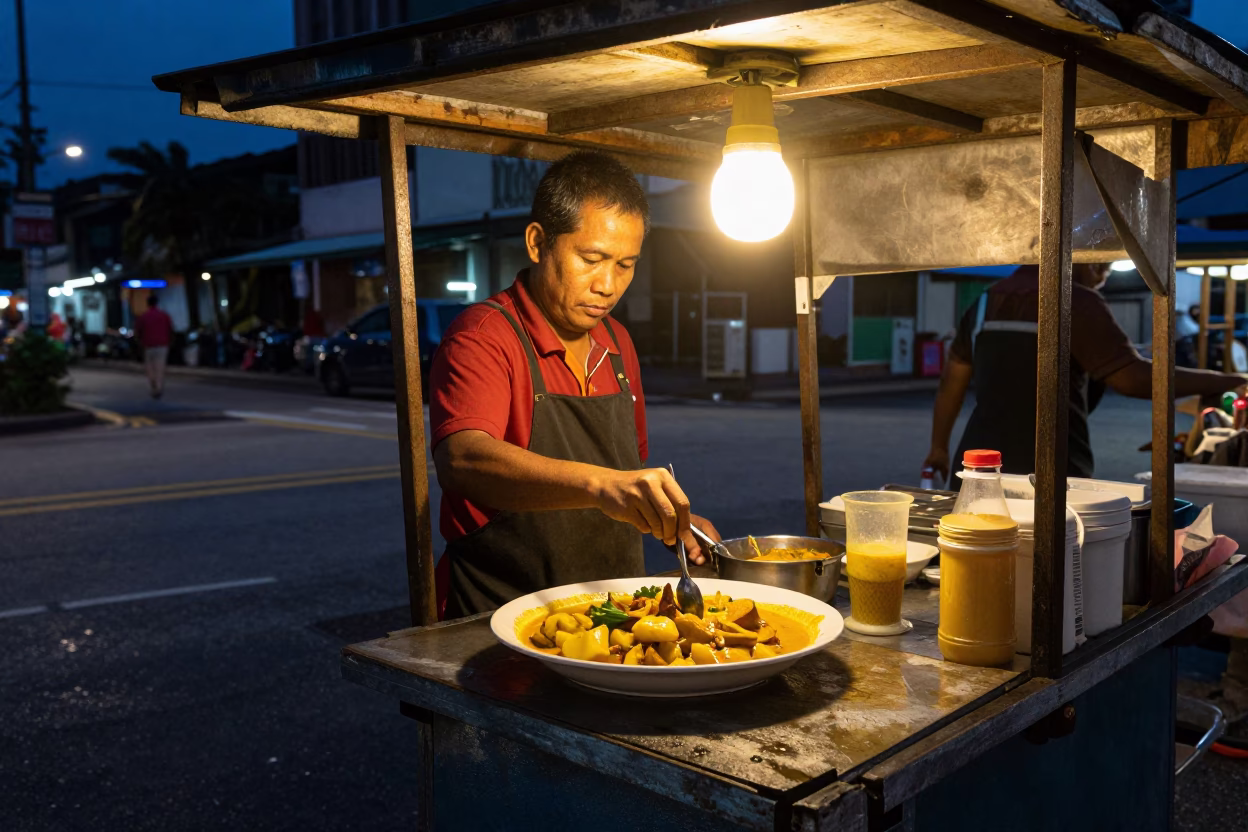 Midnight Kuala Lumpur Street Scene with Masaman Curry and Chai in 1950s Malaysia in in Kuala Lumpur, Malaysia