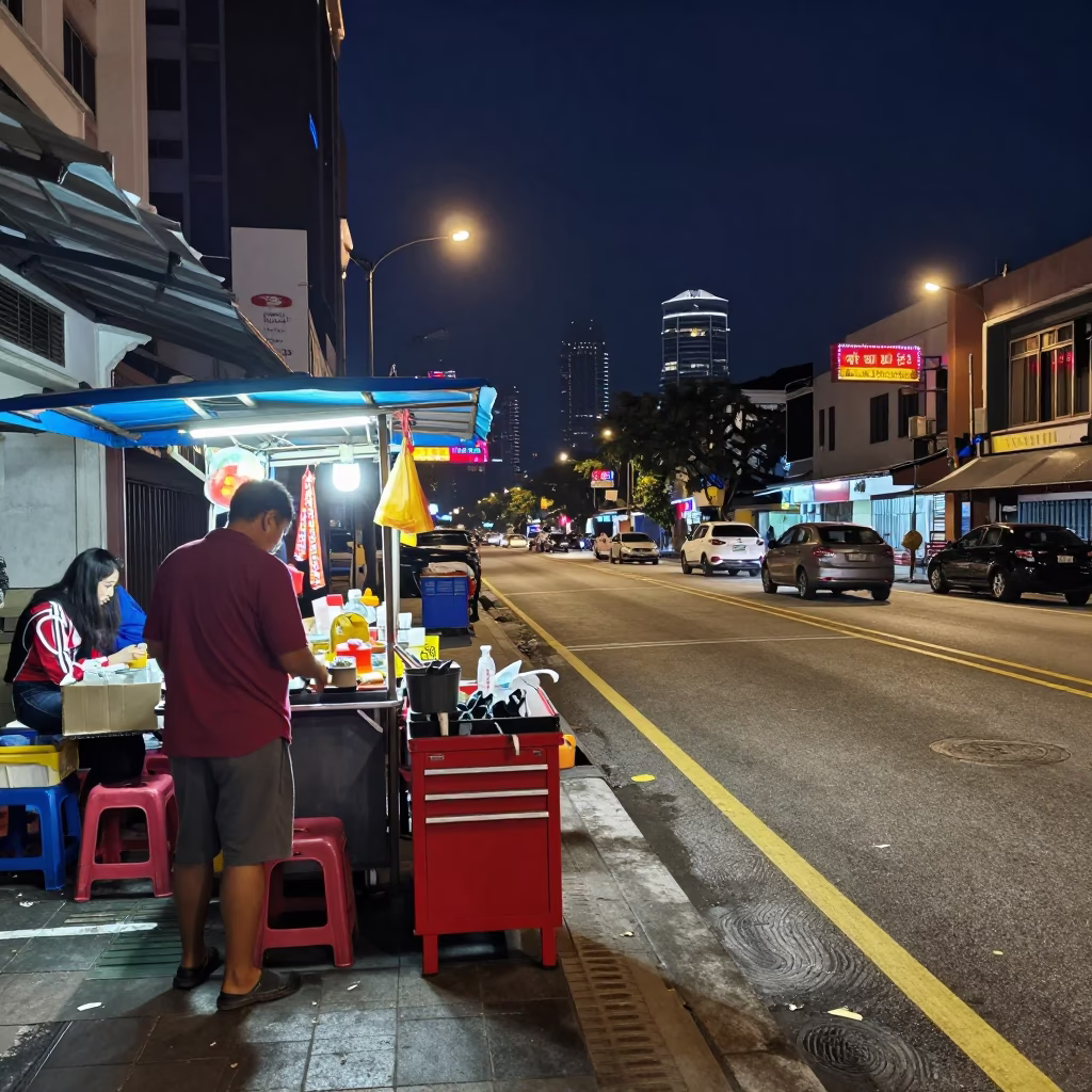 Midnight Kuala Lumpur Street Scene with Neon Signs and Tool Caddies in in Kuala Lumpur, Malaysia