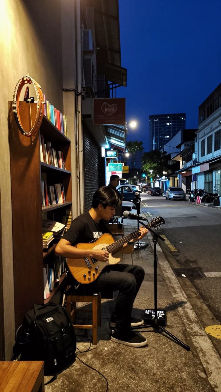 Midnight Kuala Lumpur Street Scene with Vintage Tambourine and Shelf Bracket in in Kuala Lumpur, Malaysia