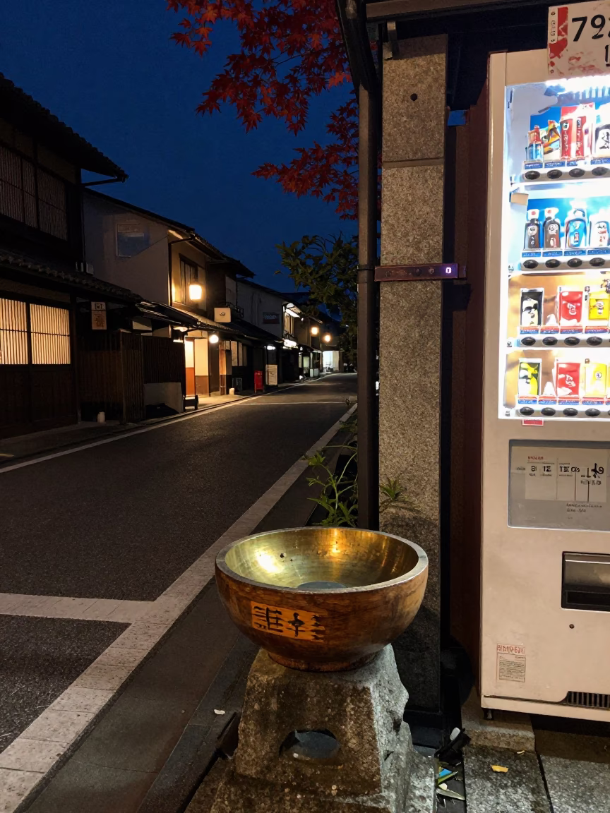 Midnight Kyoto Street Scene with Japanese Maple and Urban Details in in Kyoto, Japan