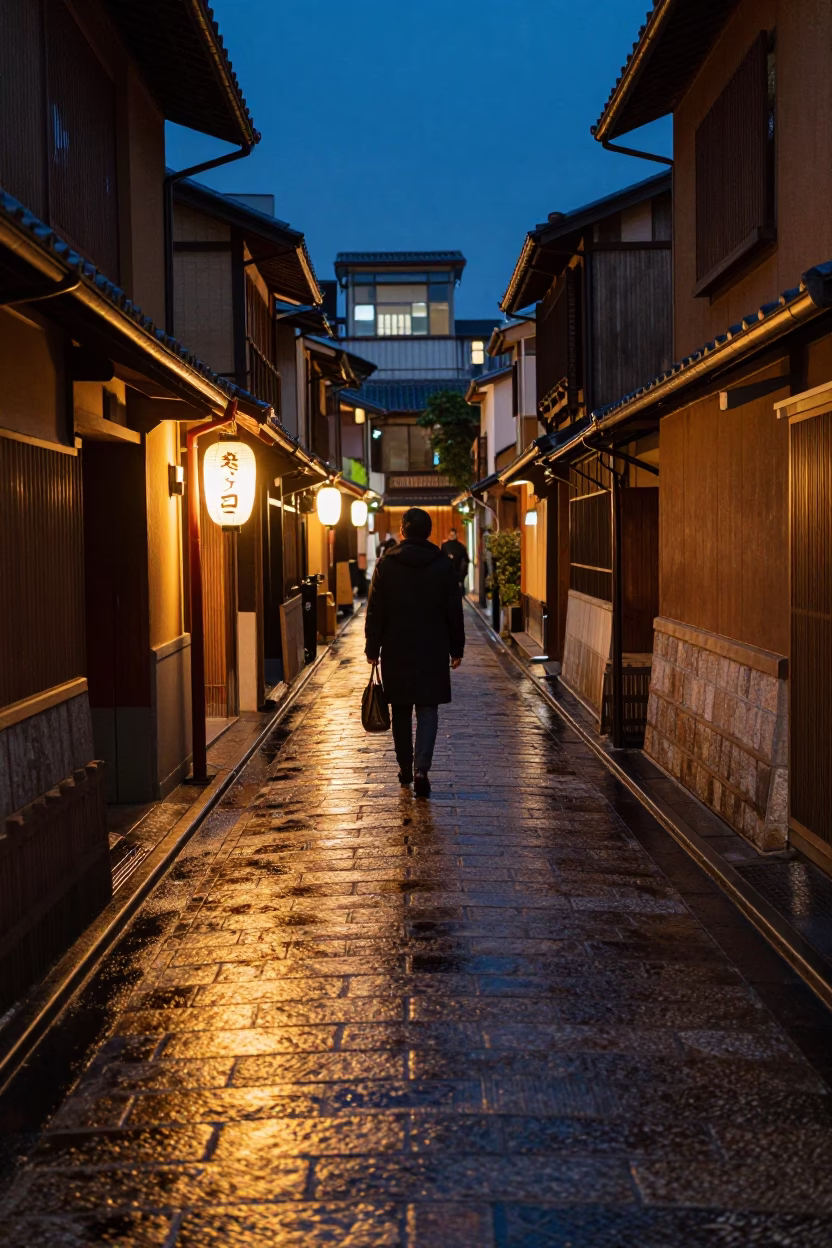 Midnight Kyoto Street Scene with Lantern Light and Urban Solitude in in Kyoto, Japan