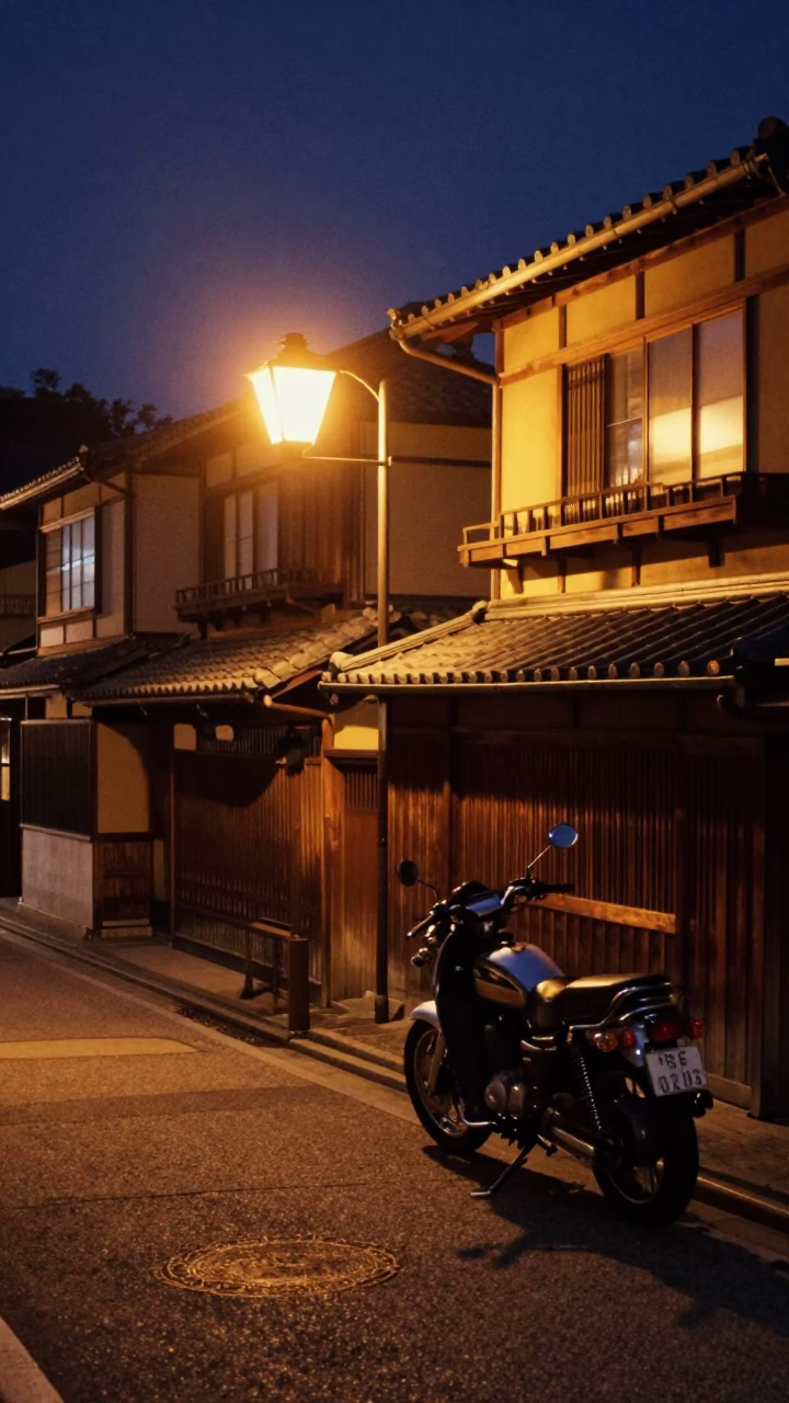 Midnight Kyoto Street Scene with Motorcycle and Traditional Architecture in in Kyoto, Japan