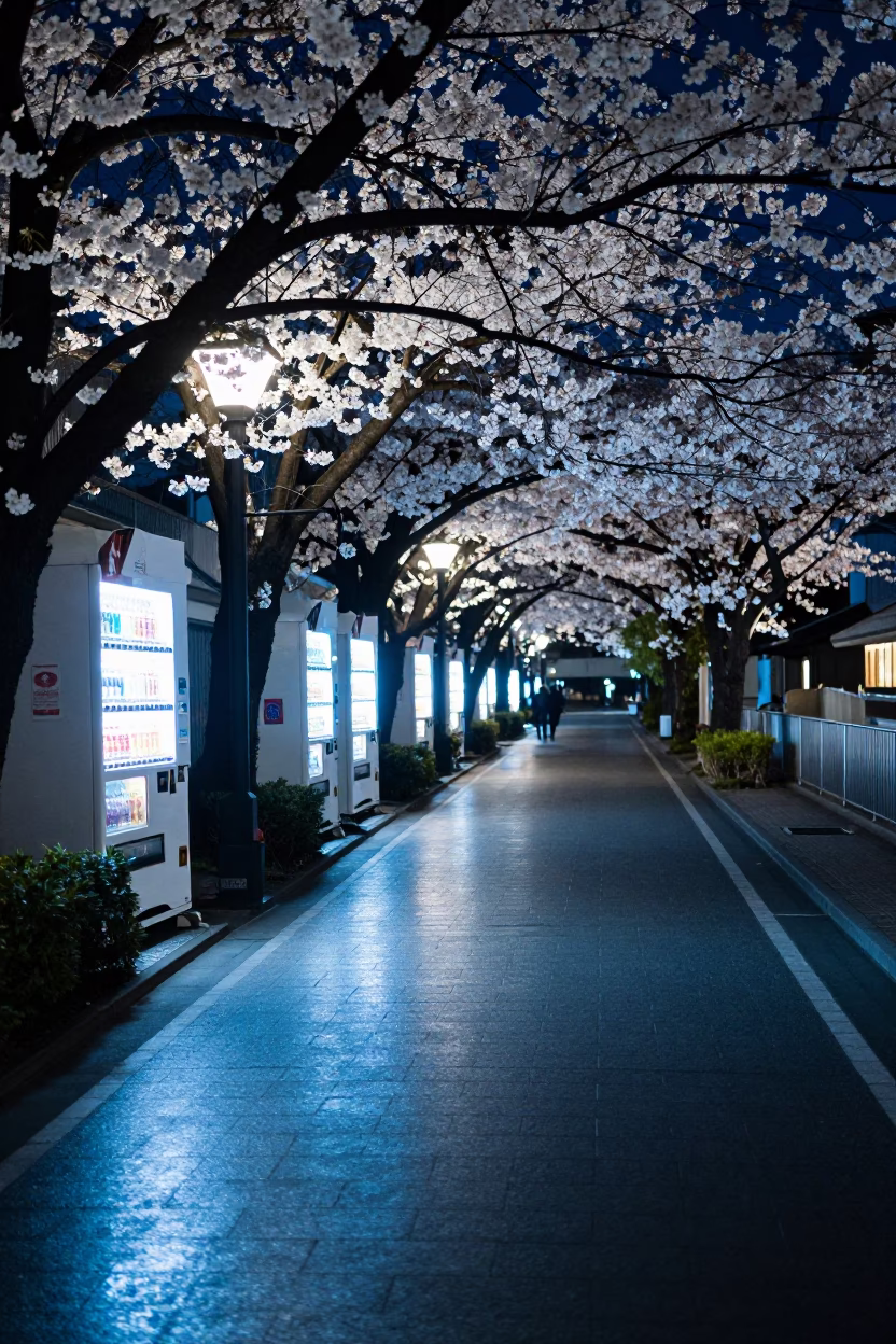 Midnight Kyoto Street Scene with Neon Reflections and Cherry Blossom Canopy in in Kyoto, Japan