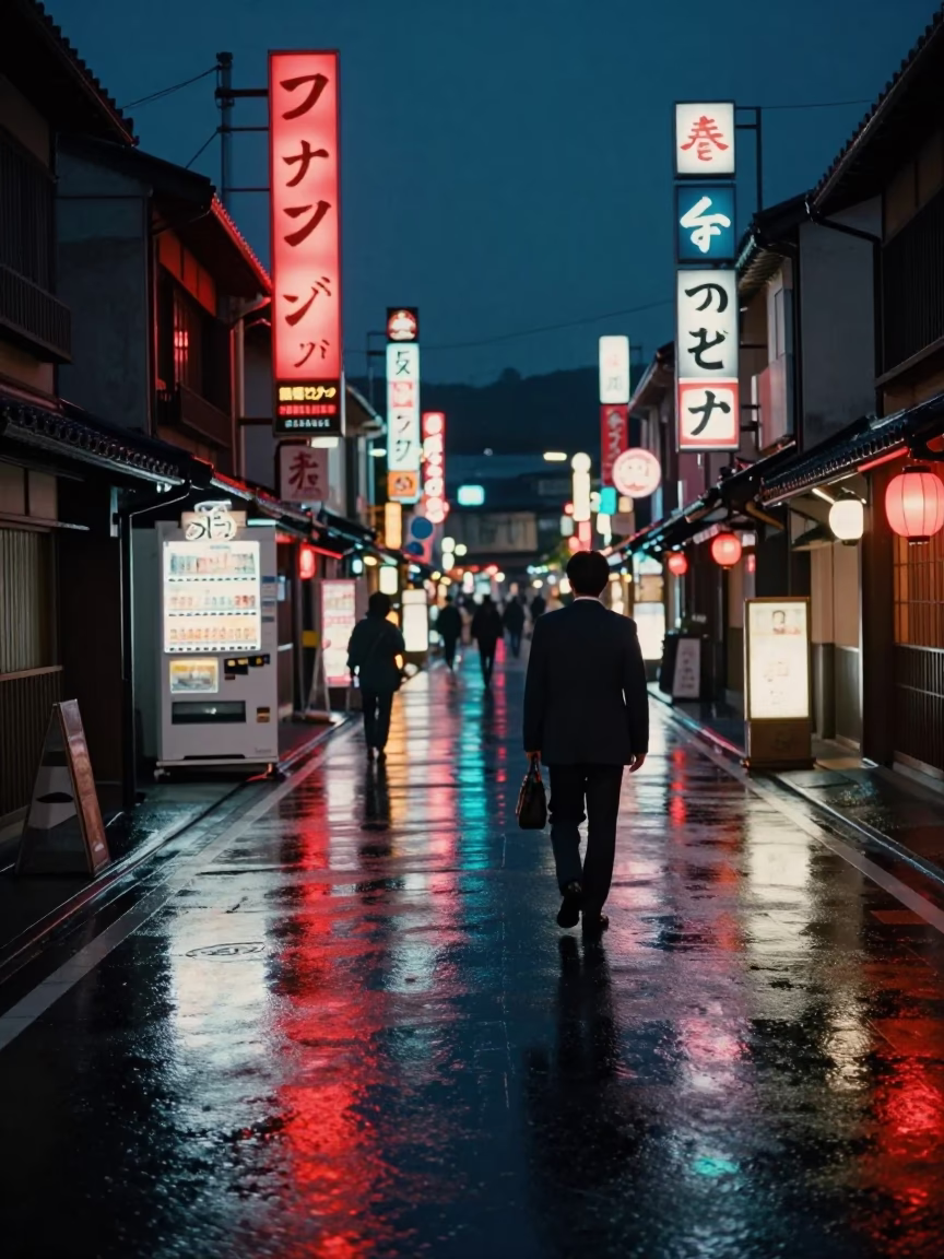 Midnight Kyoto Street Scene with Neon Reflections and Traditional Architecture in in Kyoto, Japan