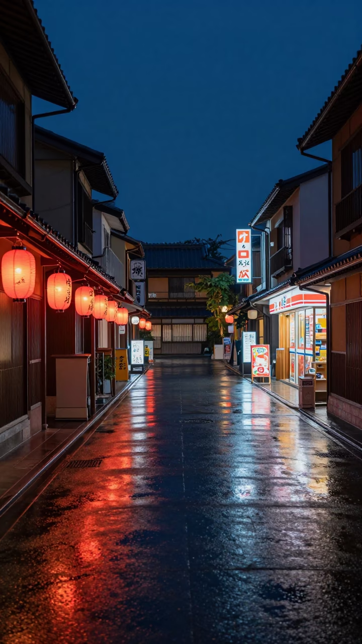 Midnight Kyoto Street Scene with Neon Reflections and Traditional Lanterns in in Kyoto, Japan