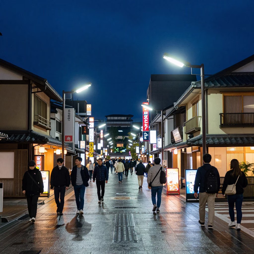 Midnight Kyoto Street Scene with Neon Signs and Local Nightlife Activity in in Kyoto, Japan