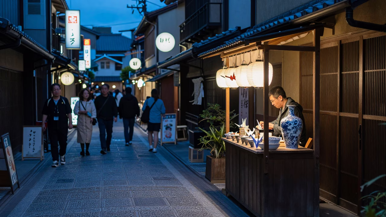 Midnight Kyoto Street Scene with Origami Crane and Porcelain Detail in in Kyoto, Japan