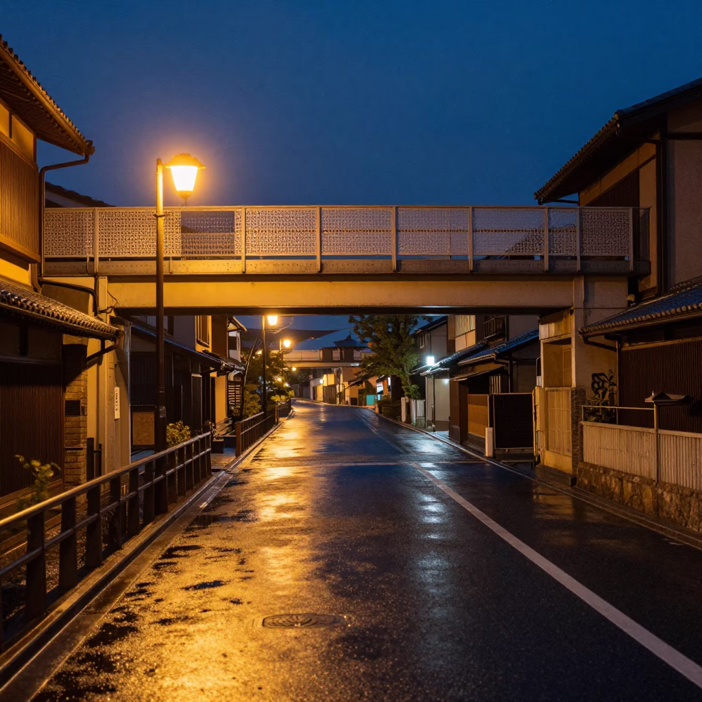 Midnight Kyoto Street Scene with Pedestrian Overpass and Wet Footsteps in in Kyoto, Japan