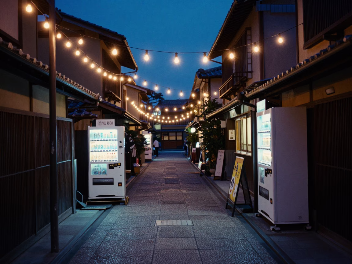 Midnight Kyoto Street Scene with String Lights and Traditional Architecture in in Kyoto, Japan