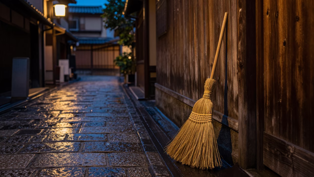 Midnight Kyoto Street Scene with Traditional Broom and Quiet Alleyway Atmosphere in in Kyoto, Japan