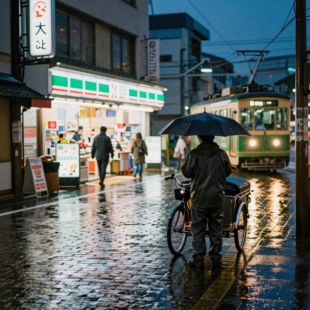 Midnight Kyoto Street Scene with Wet Asphalt and Tram Reflections in Rain in in Kyoto, Japan