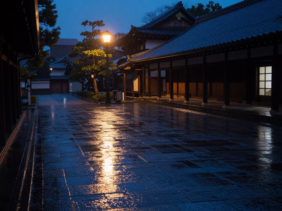 Midnight Kyoto University Cloister Wet Flagstones Rain Reflections in in Kyoto, Japan