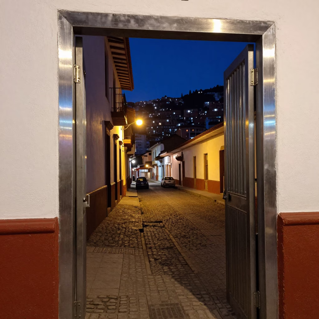 Midnight La Paz Bolivia Street Scene with Brushed Steel Doorframe and Avocados in in La Paz, Bolivia