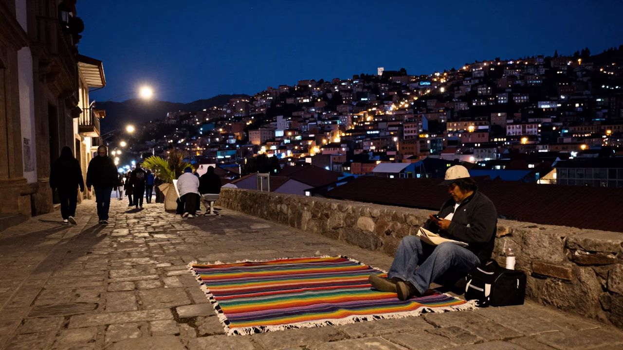 Midnight La Paz Bolivia Street Scene with Colorful Blanket and Urban Night Life in in La Paz, Bolivia