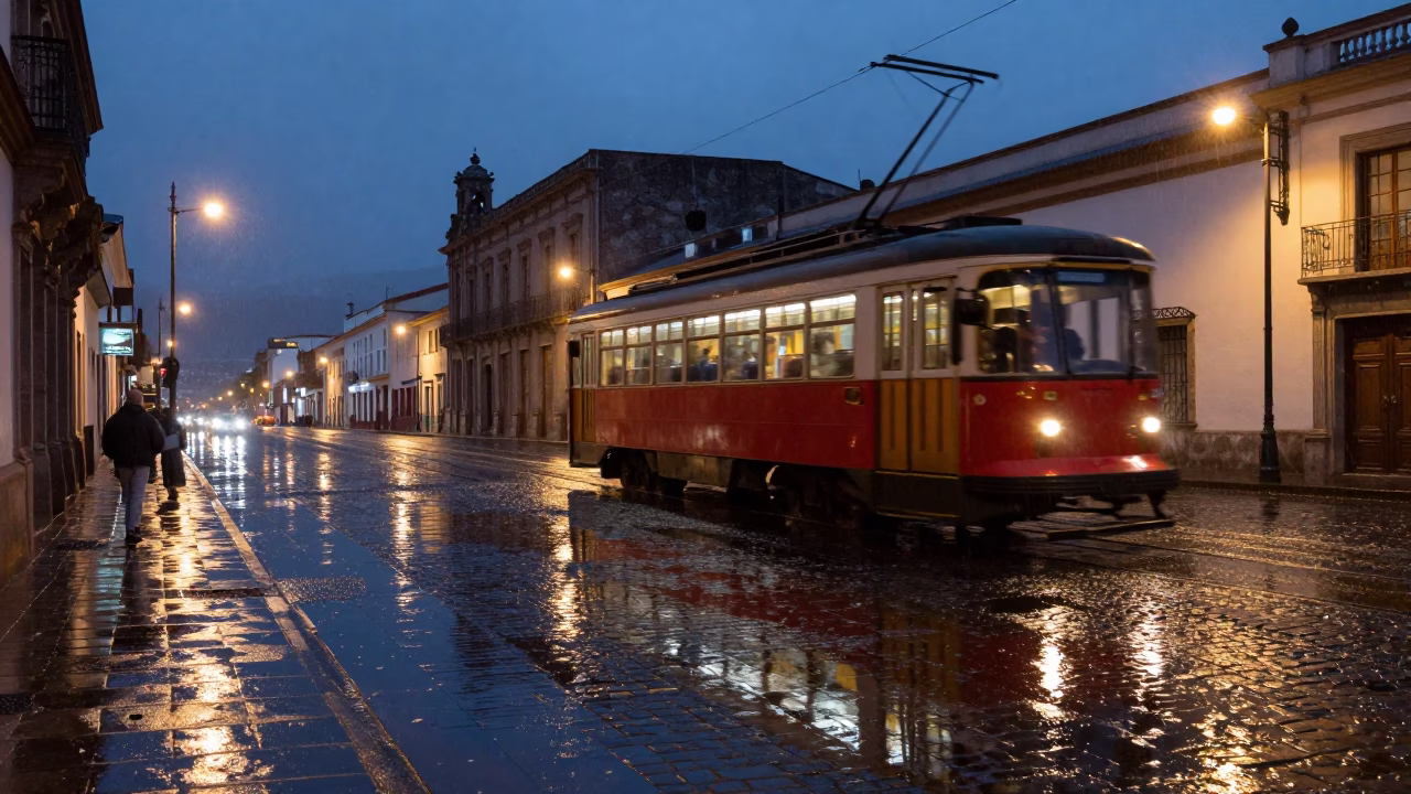 Midnight La Paz Bolivia Street Scene with Tramcar Reflection in Rain in in La Paz, Bolivia